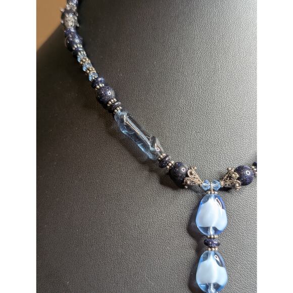 Blue Fused Glass Dangle Gold Stone Crystal Beaded 18" Necklace W/ Toggle Clasp - Picture 3 of 7